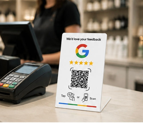 NFC Google Review Card with QR code on a retail counter