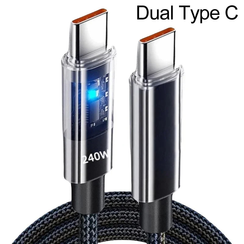 Dual Type C Color 240W Nylon USB-C Fast Charging Cable With LED Display