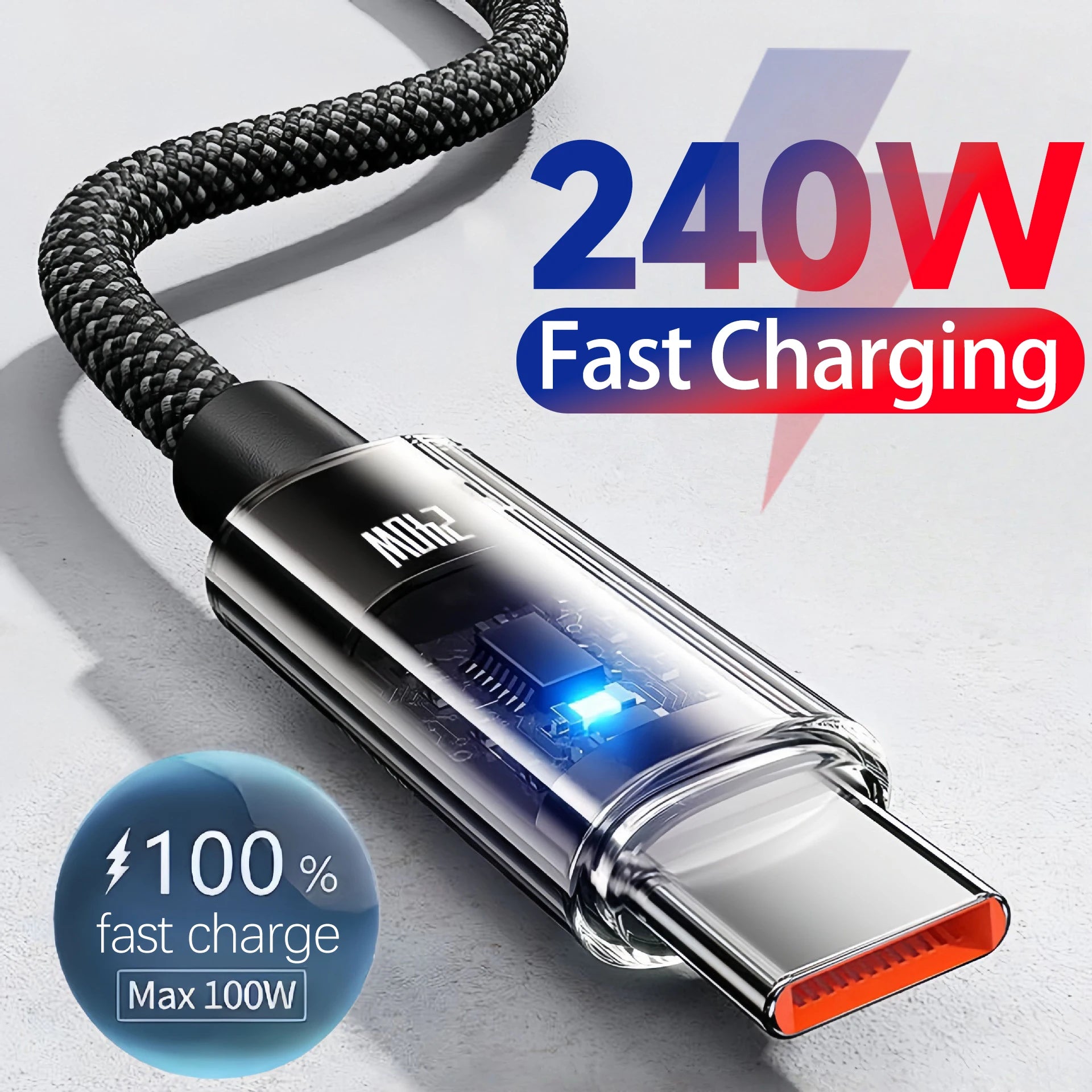 240W Nylon USB-C Fast Charging Cable With LED Display