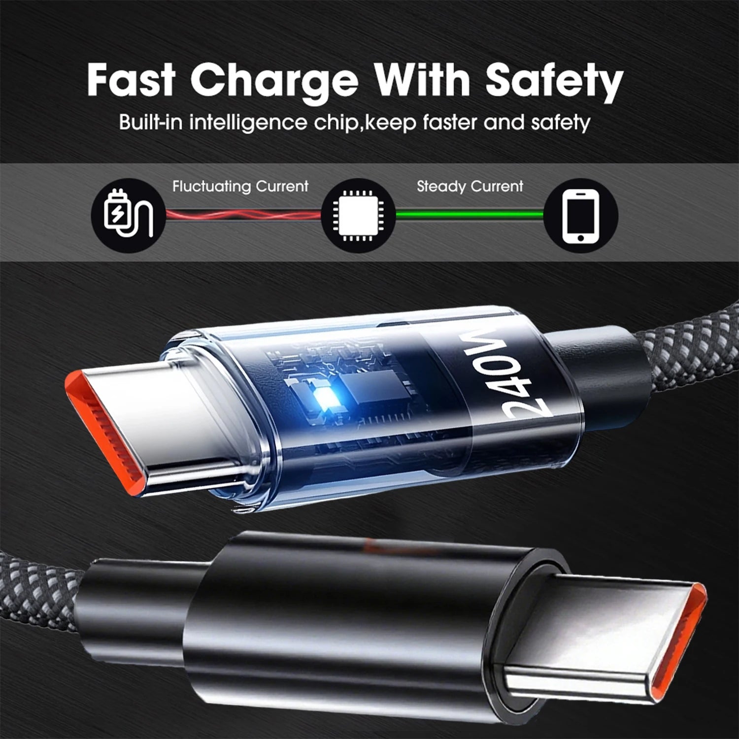 240W Nylon USB-C Fast Charging Cable With LED Display