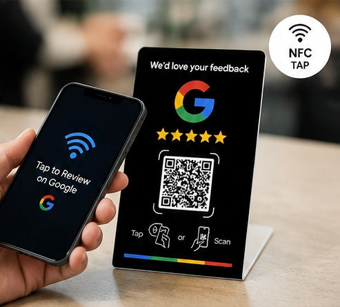 Customer tapping NFC Google Review Card with smartphone