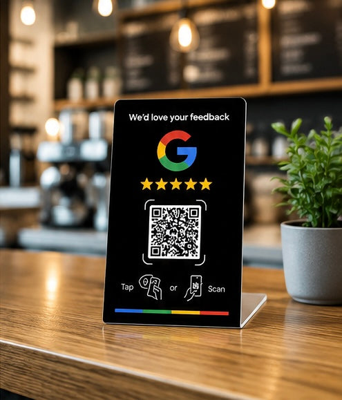 NFC Google Review Card with QR code on a coffee shop counter